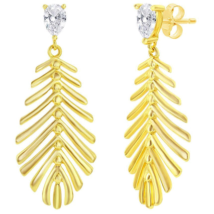 Classic Women's Earrings - Cut-Out Leaf with Small Pear-Shaped CZ Dangle | D-8408-GP ,