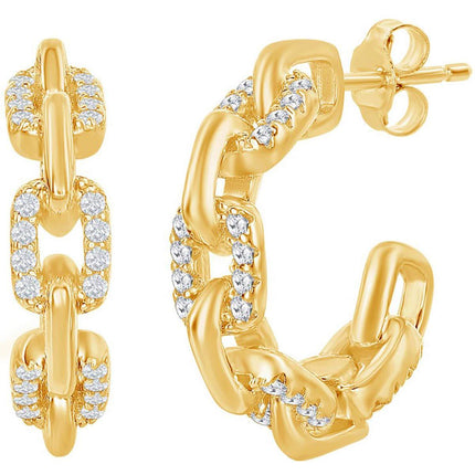 Classic Women's Earrings - Gold Plated 18mm White CZ Paperclip Open Hoop | D-7832-GP ,