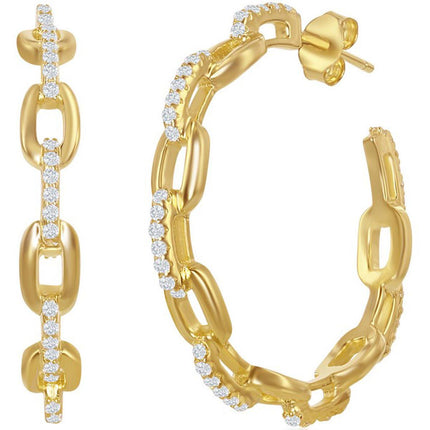 Classic Women's Earrings - Gold Plated 32mm Paperclip White CZ Open Hoop | D-7677-GP ,