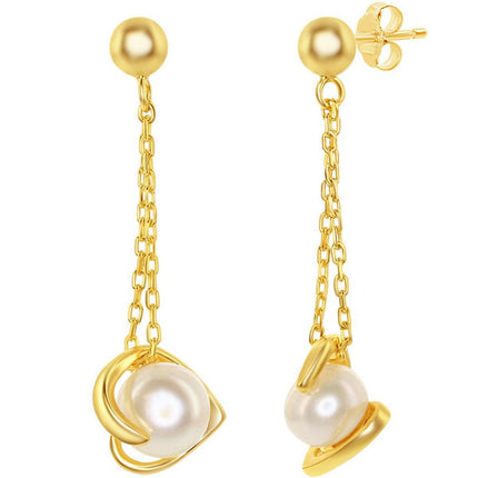 Classic Women's Earrings - Gold Plated 6mm White FWP Heart with Chain | D-7833-GP ,