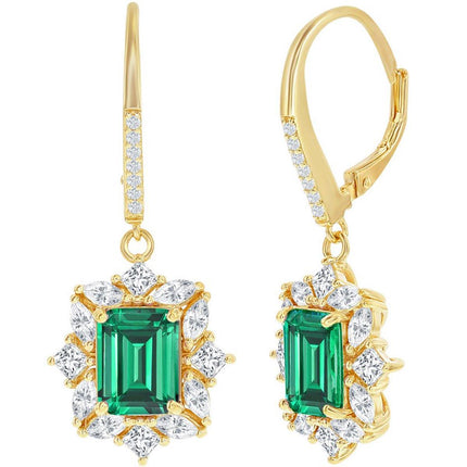 Classic Women's Earrings - Gold Plated Asscher Cut Emerald CZ Lever Back | D-8273 ,