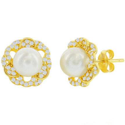 Classic Women's Earrings - Gold Plated CZ Flower with 7mm Round FWP Stud | D-8210 ,