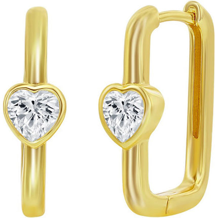 Classic Women's Earrings - Gold Plated CZ Heart Shaped Rectangle Hinged | D-8216-GP ,