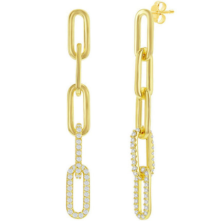 Classic Women's Earrings - Gold Plated CZ Paperclip Post Back Closure | D-8295-GP ,