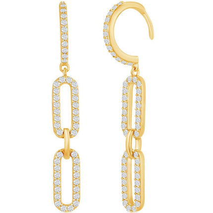 Classic Women's Earrings - Gold Plated Double Link White CZ Paperclip | D-7816-GP ,