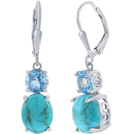 Classic Women's Earrings - Oval Shape Turquoise and Round Blue Topaz Gemstone | D-8111 ,