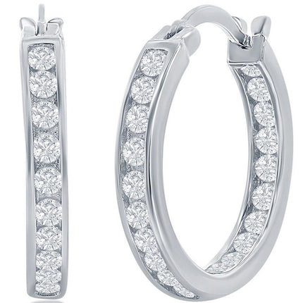Classic Women's Earrings - Silver 20mm Inside Outside Channel Set CZ Hoop | D-3494 ,