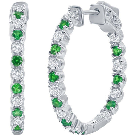 Classic Women's Earrings - Silver 3x25mm Created Emerald and White Sapphire | D-7960 ,