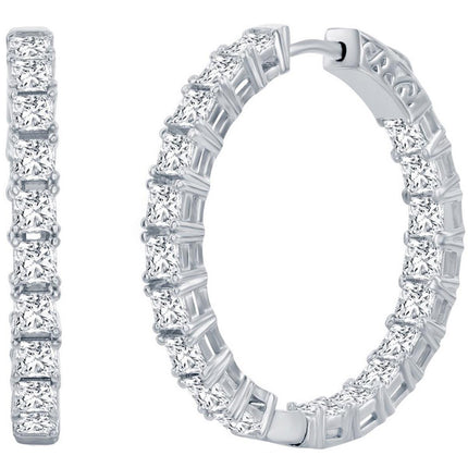 Classic Women's Earrings - Silver 3x30mm Square White CZ Inside Outside Hoop | D-7977 ,