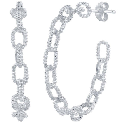 Classic Women's Earrings - Silver Beaded Paperclip Hoop Post Back Closure | A-2674 ,