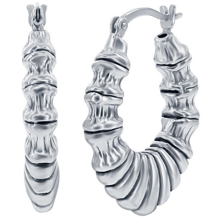Classic Women's Earrings - Silver Oxidized Textured Oval Hoop Hinged Closure | A-2681 ,