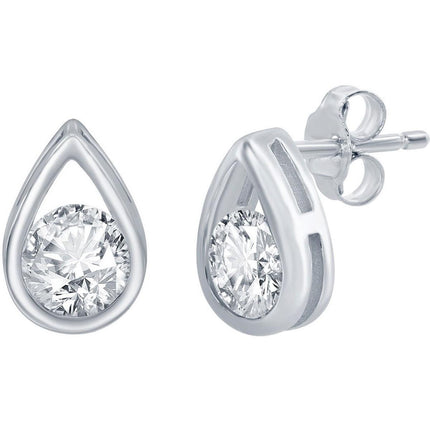 Classic Women's Earrings - Silver Pearshaped with Round White Topaz Stud | D-8162 ,