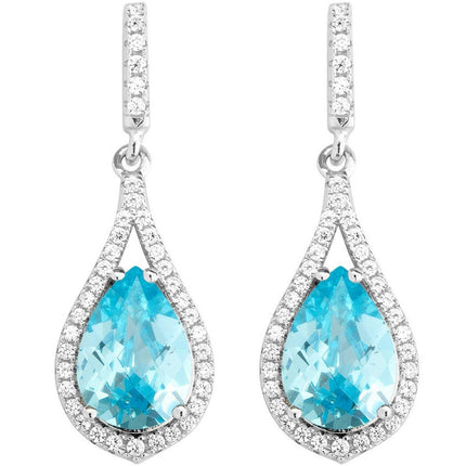 Classic Women's Earrings - Silver Teardrop Clear with Center Bright Blue CZ | D-5457 ,