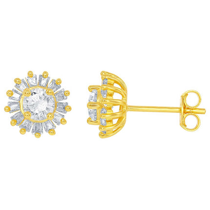 Classic Women's Earrings - Small Round CZ with Baguette Border Stud | D-6040 ,