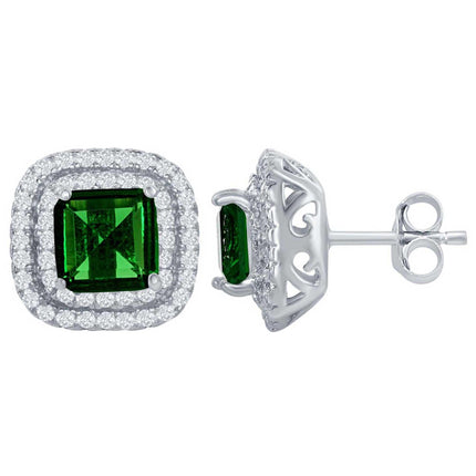Classic Women's Earrings - SS Double CZ Square Border with Center Green CZ | D-6770 ,