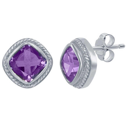 Classic Women's Earrings - Sterling Amethyst Gemstone Small Square Designed | D-3929 ,
