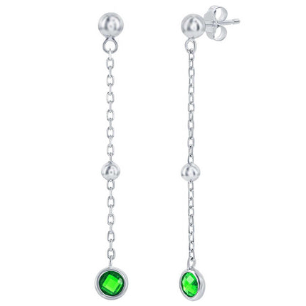 Classic Women's Earrings - Sterling Emerald Bezel-Set CZ and Bead Chain | D-8375 ,