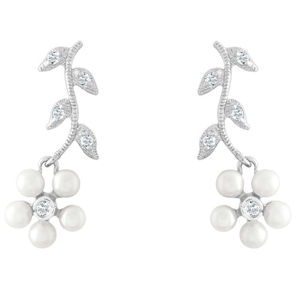 Classic Women's Earrings - Sterling Pearl Flowers and Clear CZ Leaves | D-2268 ,