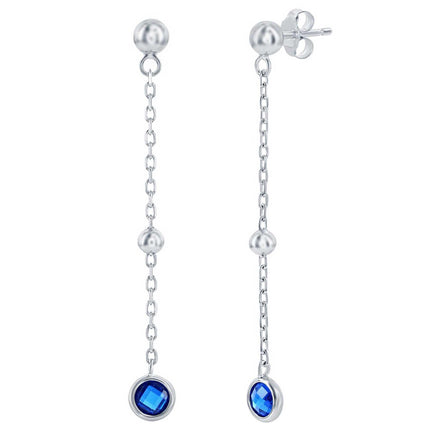 Classic Women's Earrings - Sterling Sapphire Bezel-Set CZ and Bead Chain | D-8376 ,