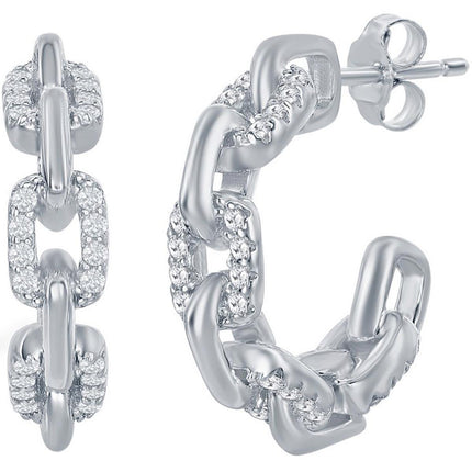 Classic Women's Earrings - Sterling Silver 18mm White CZ Paperclip Open Hoop | D-7832 ,