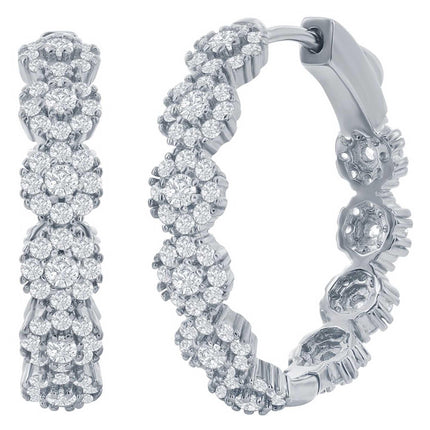 Classic Women's Earrings - Sterling Silver 25mm CZ Flower Design Hoop | D-8272 ,