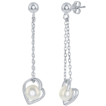 Classic Women's Earrings - Sterling Silver 6mm White FWP Heart with Chain | D-7833 ,