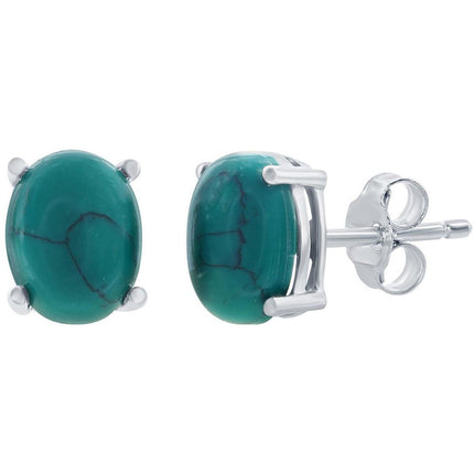 Classic Women's Earrings - Sterling Silver 8x6mm Oval Turquoise Stone Stud | D-8228 ,