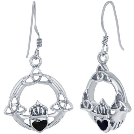 Classic Women's Earrings - Sterling Silver Black Onyx Heart Celtic Claddagh | D-8093 ,