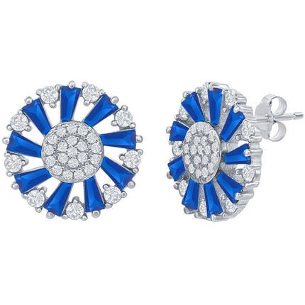 Classic Women's Earrings - Sterling Silver Blue Spinel Baguette CZ Circle | D-8143 ,