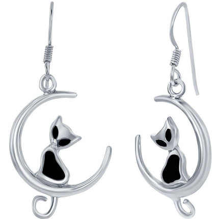 Classic Women's Earrings - Sterling Silver Created Black Onyx Cat on Moon | D-8031 ,