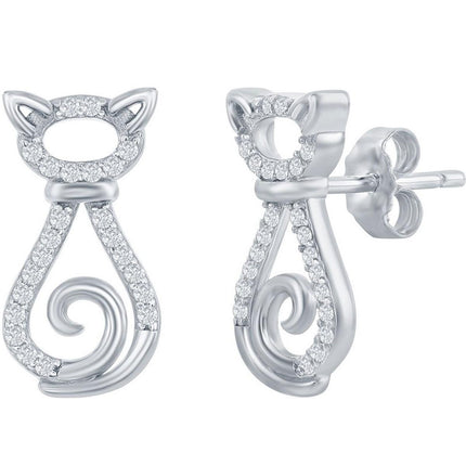 Classic Women's Earrings - Sterling Silver CZ Cat Stud Post Back Closure | D-7929 ,