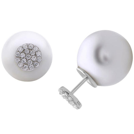 Classic Women's Earrings - Sterling Silver CZ Disc Front with Pearl Back | D-5667 ,