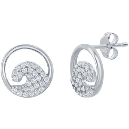 Classic Women's Earrings - Sterling Silver CZ Wave Stud Post Back Closure | D-7982 ,