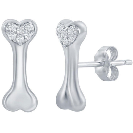 Classic Women's Earrings - Sterling Silver Dog Bone White CZ Stud Post Back | D-7927 ,