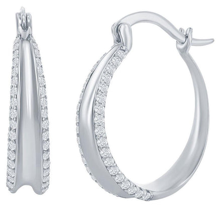 Classic Women's Earrings - Sterling Silver Double CZ Hoop Hinged Closure | D-7849 ,