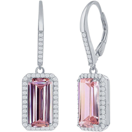 Classic Women's Earrings - Sterling Silver Emerald Cut Pink CZ with Halo | D-7903 ,