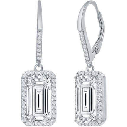 Classic Women's Earrings - Sterling Silver Emerald Cut White CZ with Halo | D-7657 ,