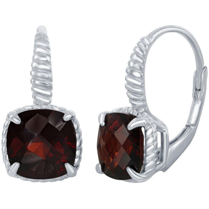 Classic Women's Earrings - Sterling Silver Four Prong Garnet Gemstone Square | D-6960 ,