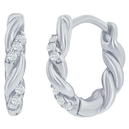 Classic Women's Earrings - Sterling Silver Intertwined CZ 13mm Huggie Hoop | D-8323 ,