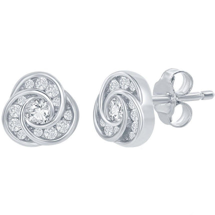 Classic Women's Earrings - Sterling Silver Love Knot Design White CZ Stud | D-7881 ,
