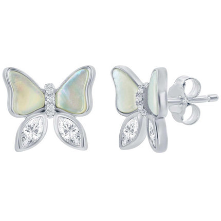 Classic Women's Earrings - Sterling Silver MOP and CZ Butterfly Stud | D-8385 ,