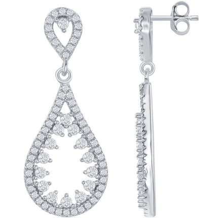 Classic Women's Earrings - Sterling Silver Open Teardrop with White CZ Center | D-6387 ,