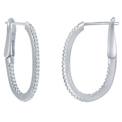 Classic Women's Earrings - Sterling Silver Oval Ultra-Thin 25mm Hoop CZ | D-7893 ,