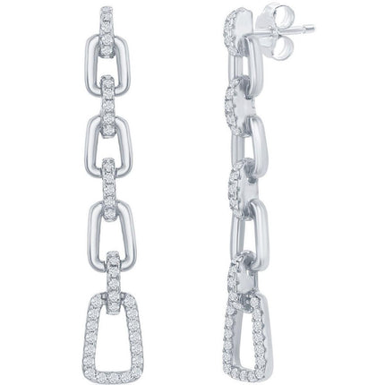 Classic Women's Earrings - Sterling Silver Paperclip Design White CZ Long | D-7910 ,