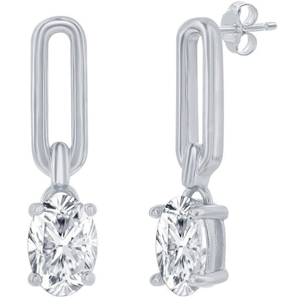 Classic Women's Earrings - Sterling Silver Paperclip Oval White CZ Post Back | D-8257 ,