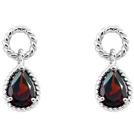 Classic Women's Earrings - Sterling Silver Pear Shape Garnet Twisted Wire | D-4031 ,