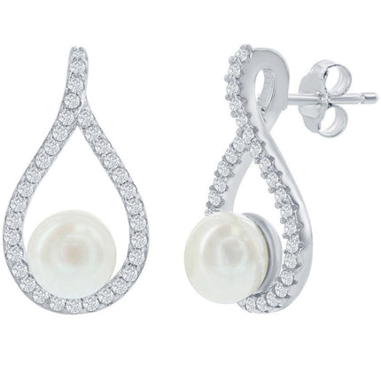 Classic Women's Earrings - Sterling Silver Pearshaped CZ with Round Pearl | D-7322 ,