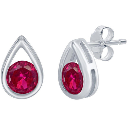 Classic Women's Earrings - Sterling Silver Pearshaped with Round Ruby Stud | D-8165 ,