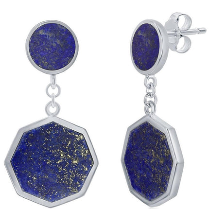 Classic Women's Earrings - Sterling Silver Round and Hexagon Shaped Lapis | D-7812 ,