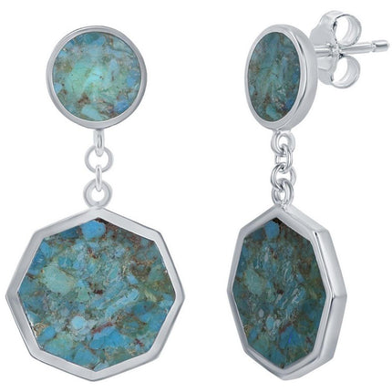 Classic Women's Earrings - Sterling Silver Round and Hexagon Shaped Turquoise | D-7811 ,